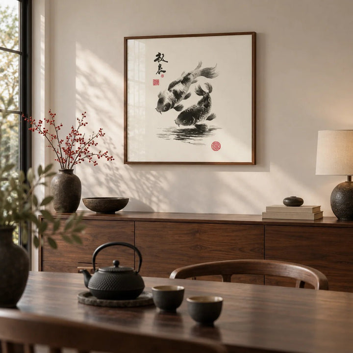 Koi Fish Print, framed on the wall of a calm dining room