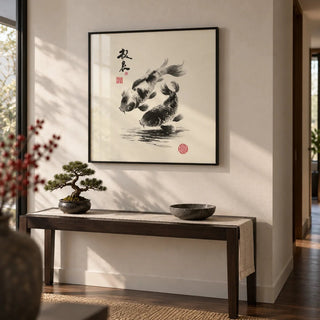 Koi Fish Print, framed on the wall of a calm hallway