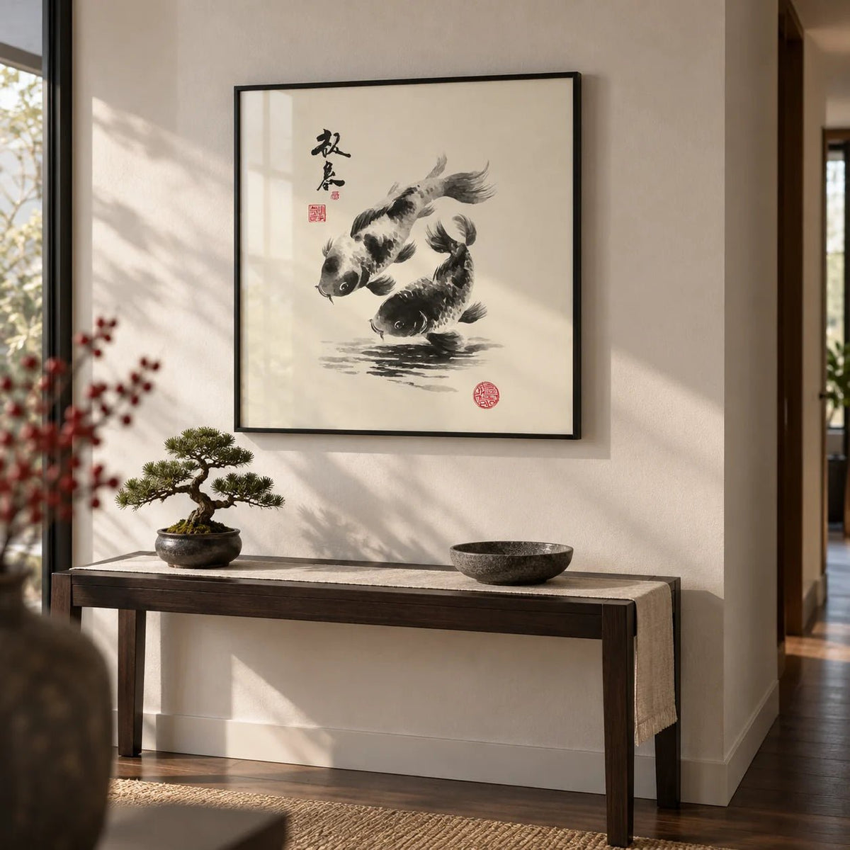 Koi Fish Print, framed on the wall of a calm hallway