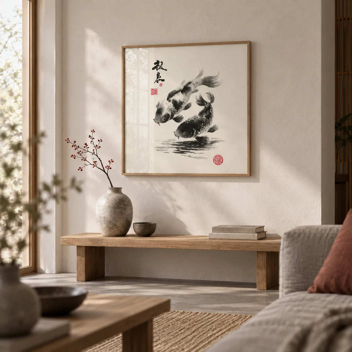 Koi Fish Print, framed on the wall of a calm Japandi living room