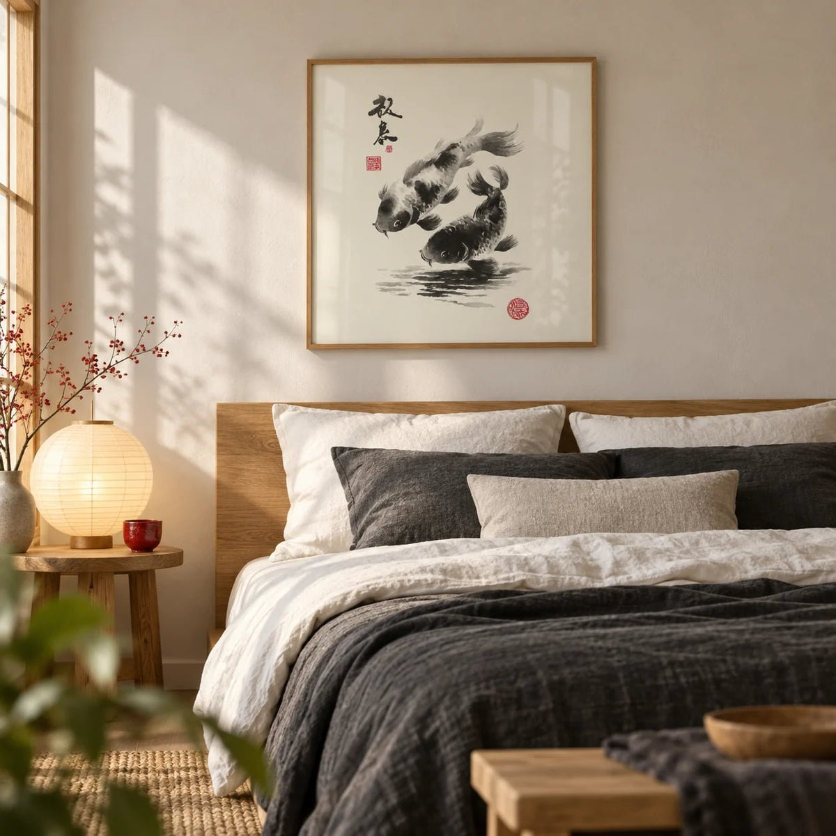 Koi Fish Print, framed on the wall of a serene bedroom