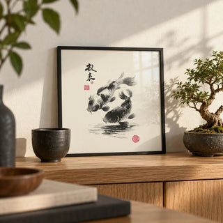 Koi Fish Print, a small A4 framed print leaning on a low oak shelf in a living room
