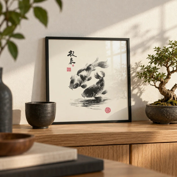 Koi Fish Print, a small A4 framed print leaning on a low oak shelf in a living room