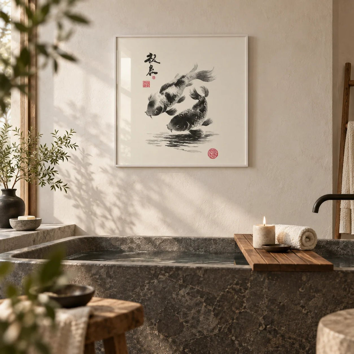 Koi Fish Print, framed on the wall of a spa-like bathroom