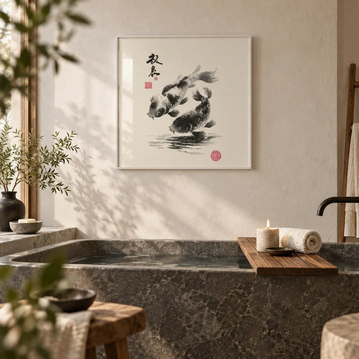 Koi Fish Print, framed on the wall of a spa-like bathroom