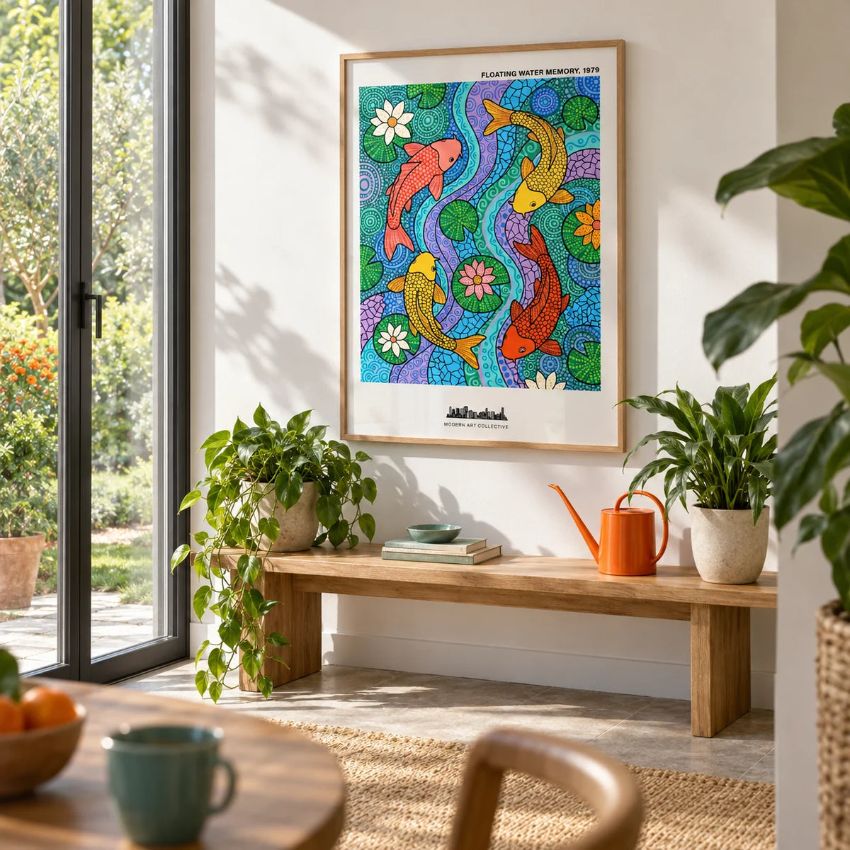 Koi Fish Wall Art, framed on the wall of a bright garden room with glass doors onto a garden and plain white walls