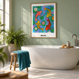 Koi Fish Wall Art, framed on the wall of a calm bathroom with plain soft green painted walls and a plain white floor