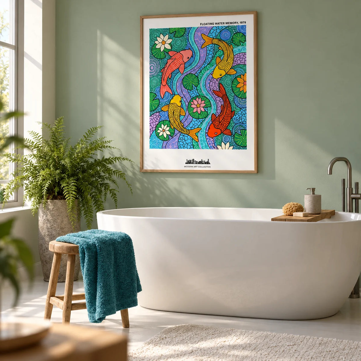 Koi Fish Wall Art, framed on the wall of a calm bathroom with plain soft green painted walls and a plain white floor