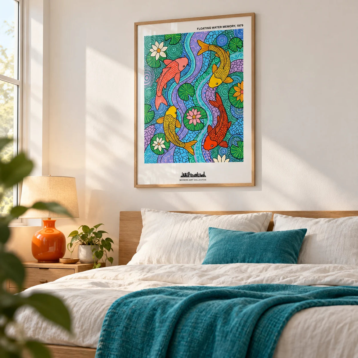 Koi Fish Wall Art, framed on the wall of a calm bedroom with a plain white wall