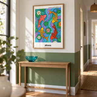 Koi Fish Wall Art, framed on the wall of a hallway with a plain lily-pad green painted lower wall and a white upper wall
