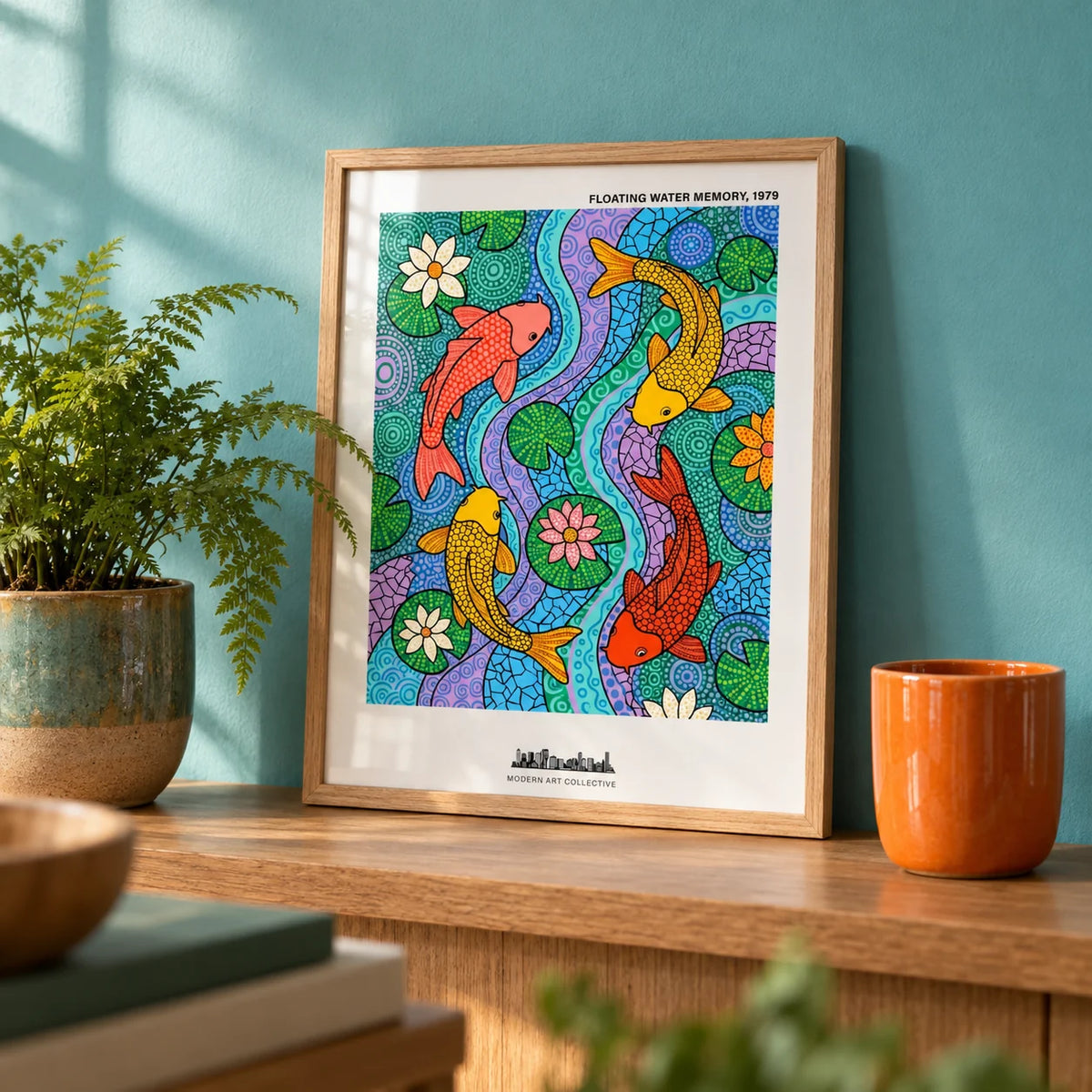 Koi Fish Wall Art, a small A4 framed print leaning on an oak shelf in a living room
