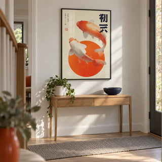 Koi Fish Wall Art, framed on the wall of a crisp hallway