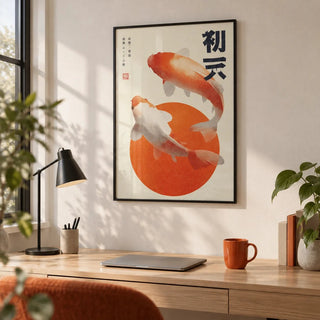 Koi Fish Wall Art, framed on the wall of a minimal home office