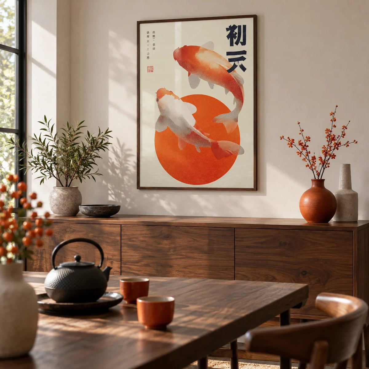 Koi Fish Wall Art, framed on the wall of a modern dining room