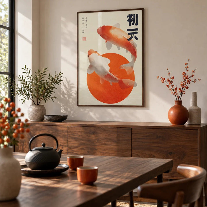Koi Fish Wall Art, framed on the wall of a modern dining room