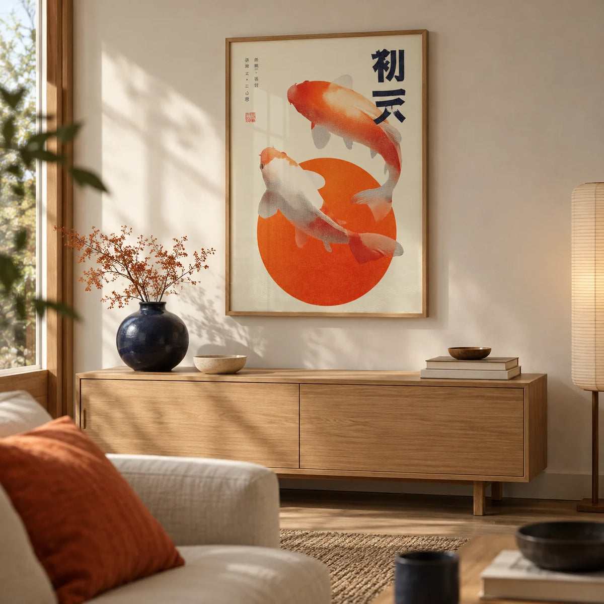 Koi Fish Wall Art, framed on the wall of a modern Japandi living room