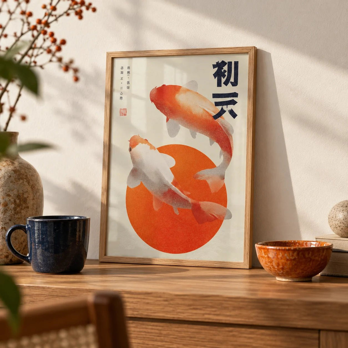 Koi Fish Wall Art, a small A4 framed print leaning on an oak shelf in a living room
