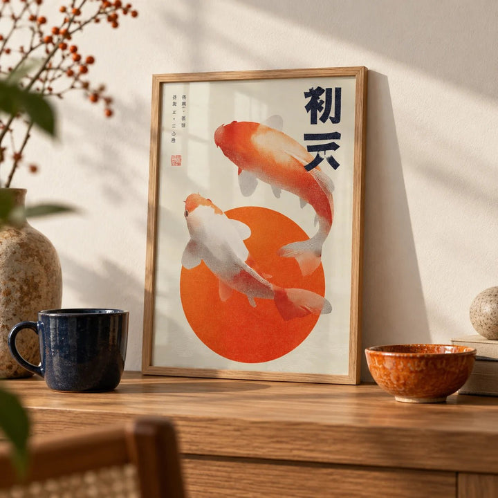 Koi Fish Wall Art, a small A4 framed print leaning on an oak shelf in a living room
