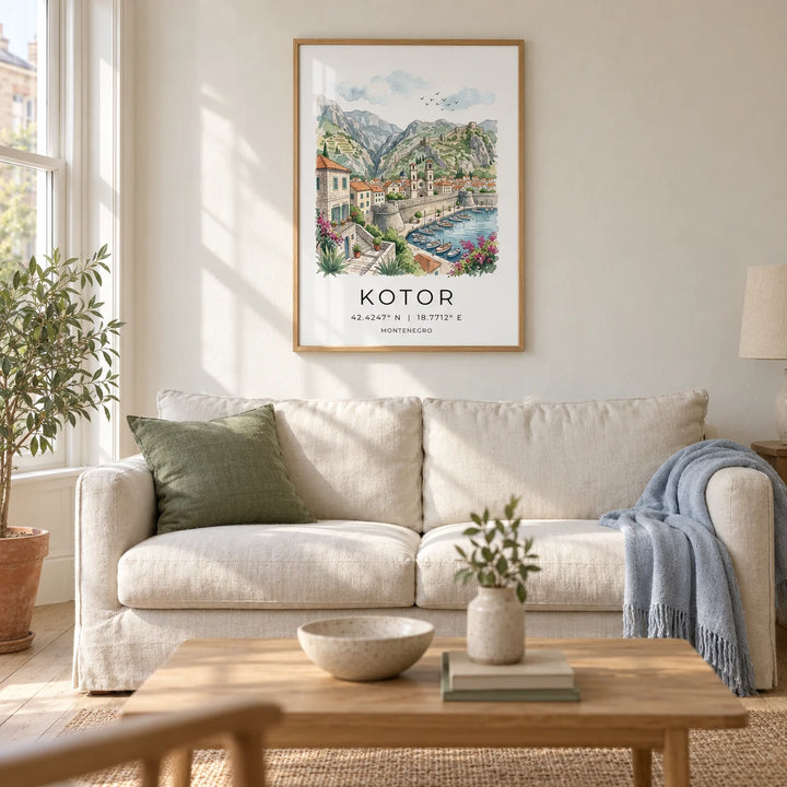 Kotor Landscape Art Print, framed on the wall of a calm coastal living room in a UK terraced home with warm white plaster walls and pale oak floorboards