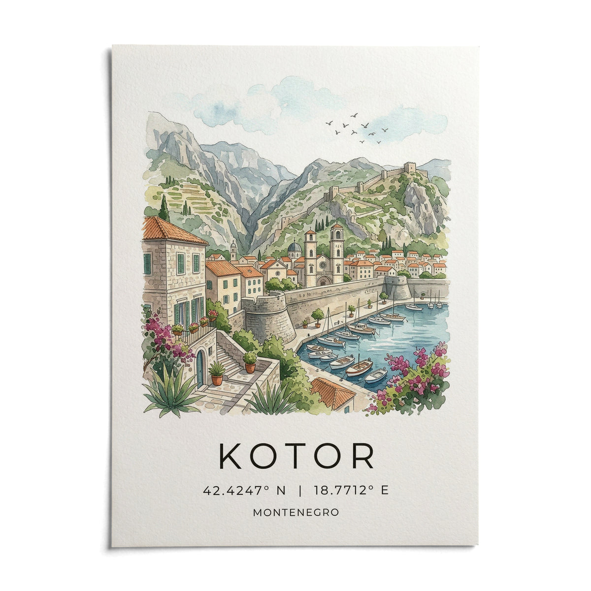 Kotor Landscape Art Print, shown as an unframed paper print on a plain white background