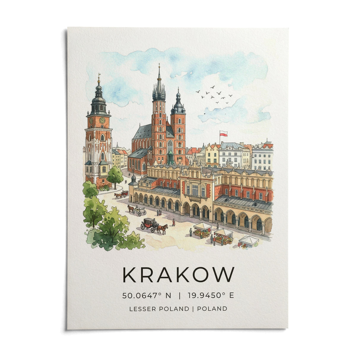 Krakow Cityscape Wall Art, shown as an unframed paper print on a plain white background