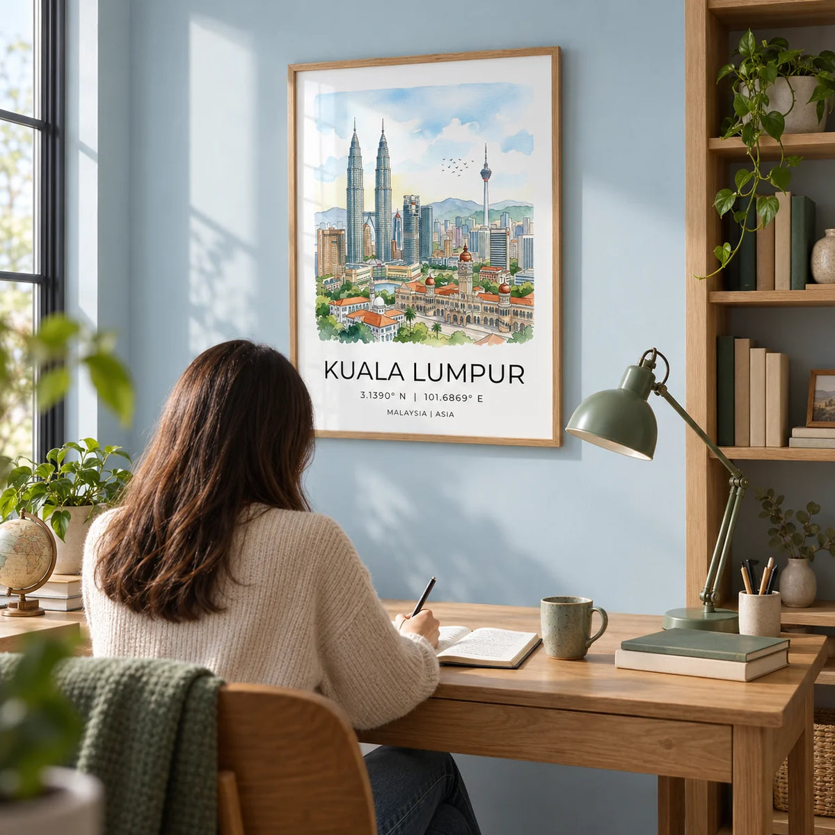 Kuala Lumpur Art Print, framed on the wall of a calm home study for a travel-loving adult with a pale blue wall and oak shelving