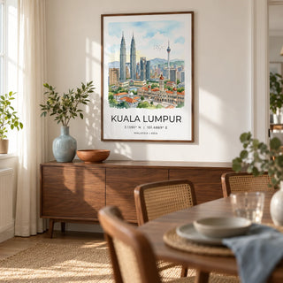 Kuala Lumpur Art Print, framed on the wall of a light dining room in a UK maisonette with warm white walls