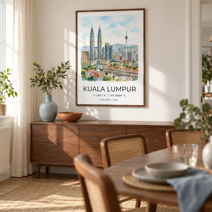 Kuala Lumpur Art Print, framed on the wall of a light dining room in a UK maisonette with warm white walls