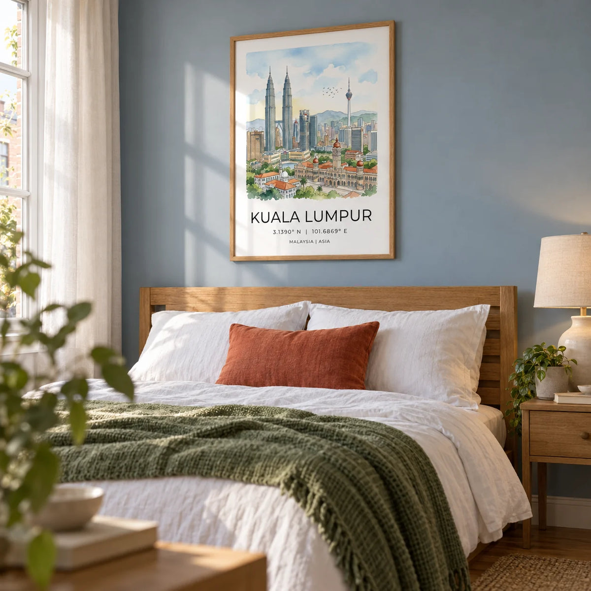 Kuala Lumpur Art Print, framed on the wall of a restful adult bedroom in a UK terrace with a soft blue-grey wall and warm oak furniture