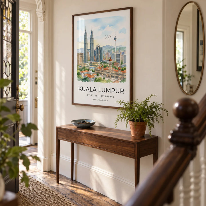 Kuala Lumpur Art Print, framed on the wall of a welcoming hallway in a Victorian terrace with an off-white wall and original timber floorboards