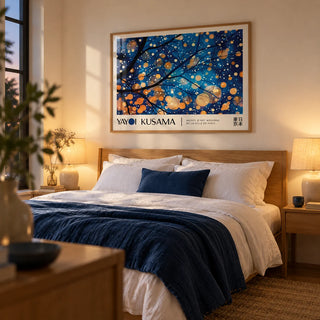 Kusama Art, framed on the wall of a calm bedroom with a soft cream wall