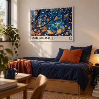 Kusama Art, framed on the wall of a calm single bedroom in a first flat (22-28) with a white wall