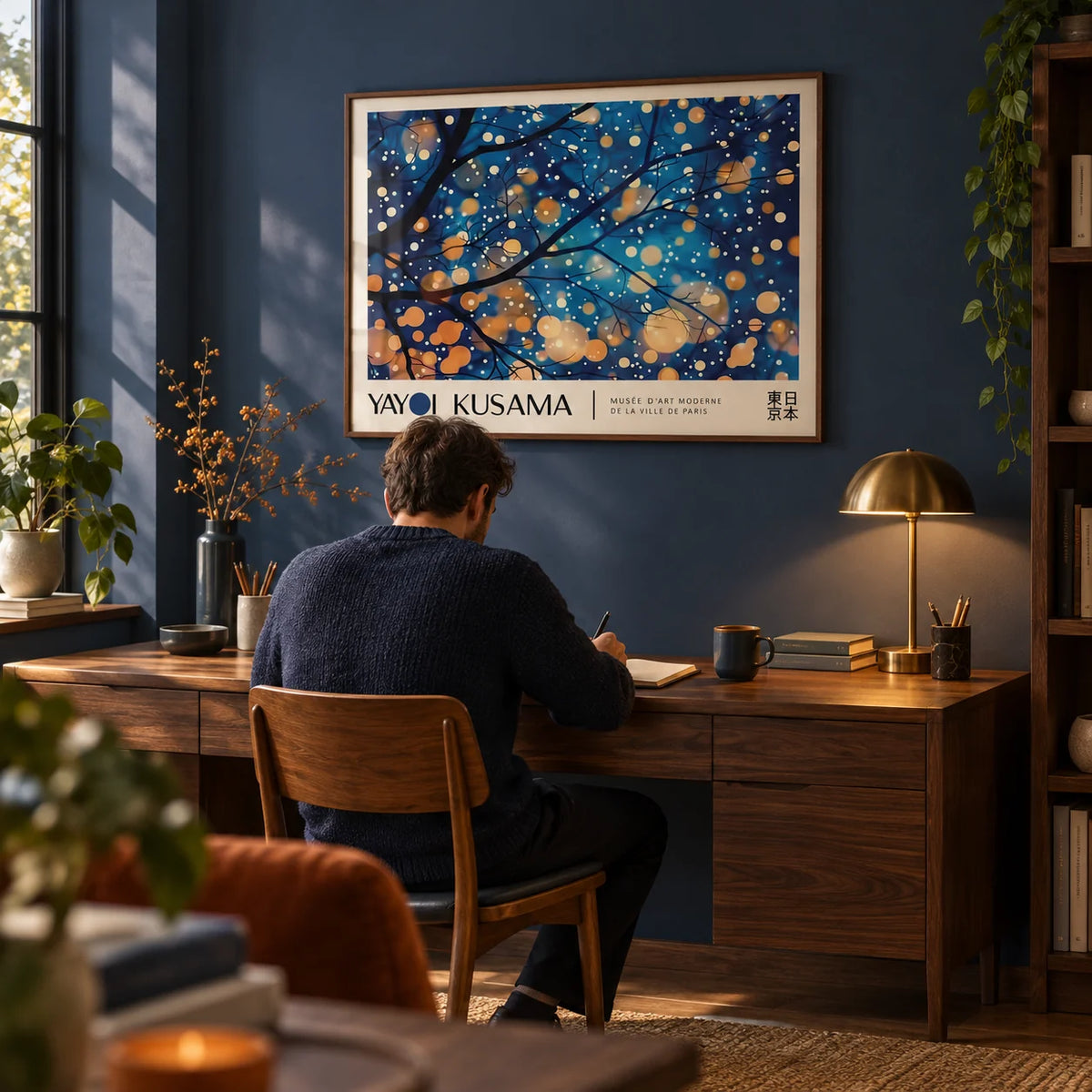 Kusama Art, framed on the wall of a cosy study with a deep blue wall