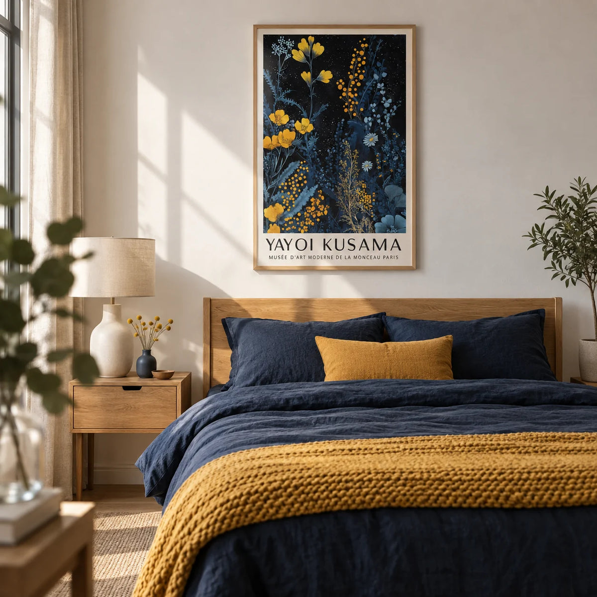 Kusama Museum, framed on the wall of a calm grown-up bedroom with a soft white wall