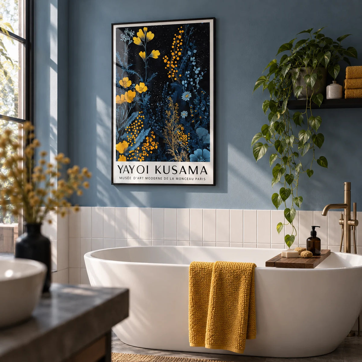 Kusama Museum, framed on the wall of a modern bathroom with a dusty blue painted wall and plain white tiles