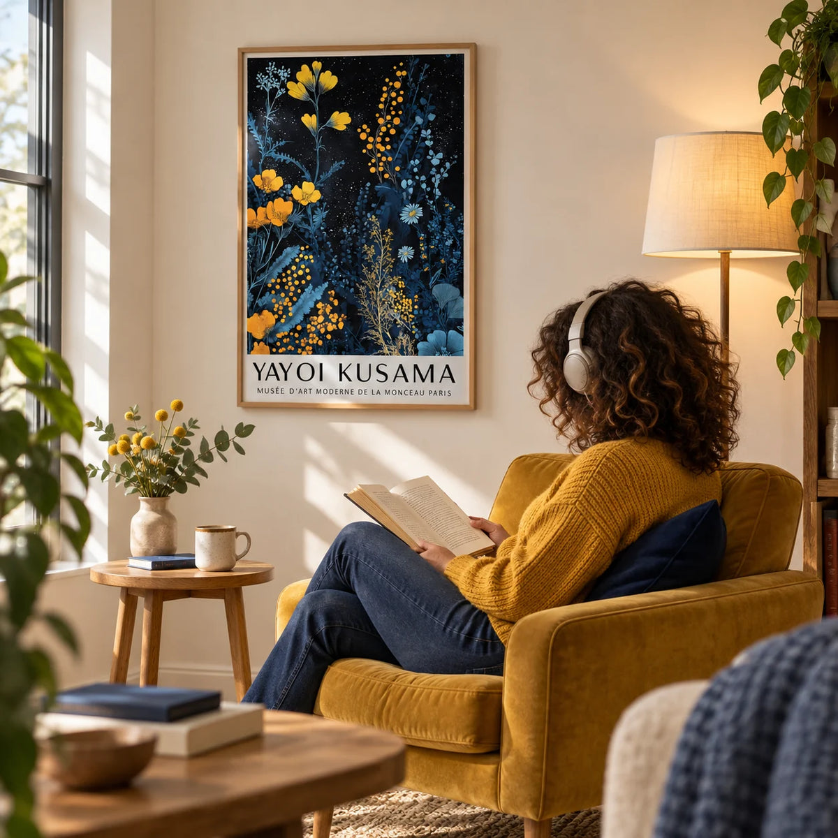 Kusama Museum, framed on the wall of a quiet reading corner with a warm white wall in a living room