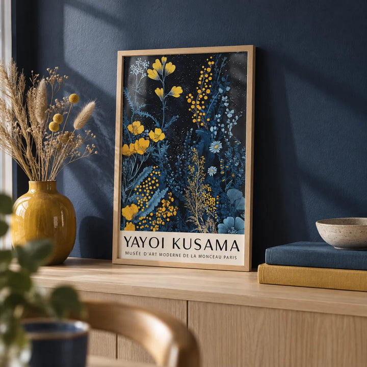Kusama Museum, a small A4 framed print leaning on a pale oak shelf in a living room