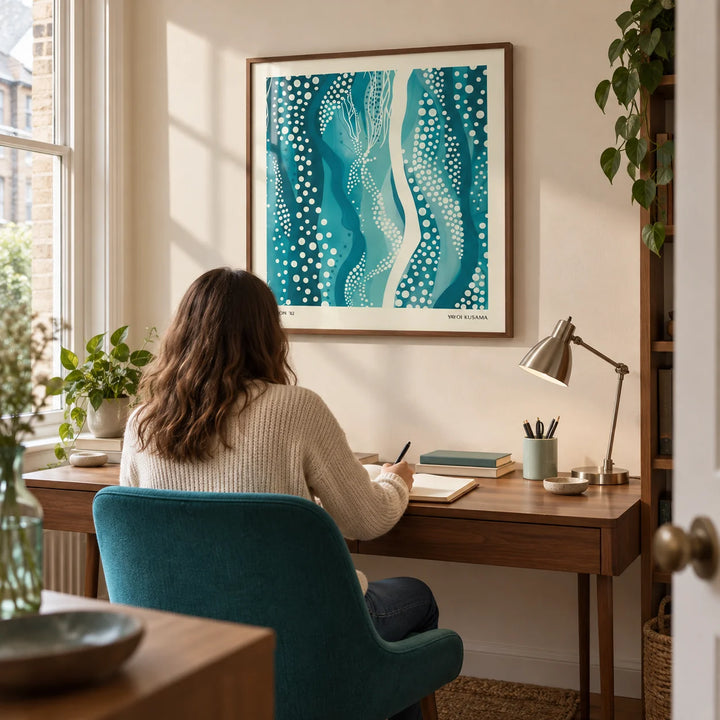 Kusama Paintings, framed on the wall of a compact design-led study in a UK city flat with a warm cream wall and a walnut desk