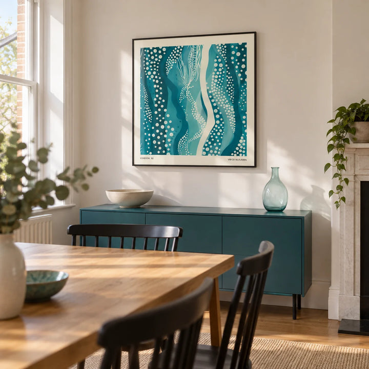 Kusama Paintings, framed on the wall of a contemporary dining room in a UK terraced house with warm white walls