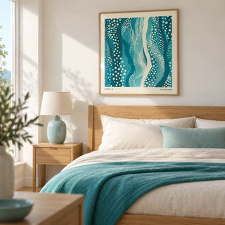 Kusama Paintings, framed on the wall of a modern coastal bedroom in a UK home with a chalk white wall and pale timber floor