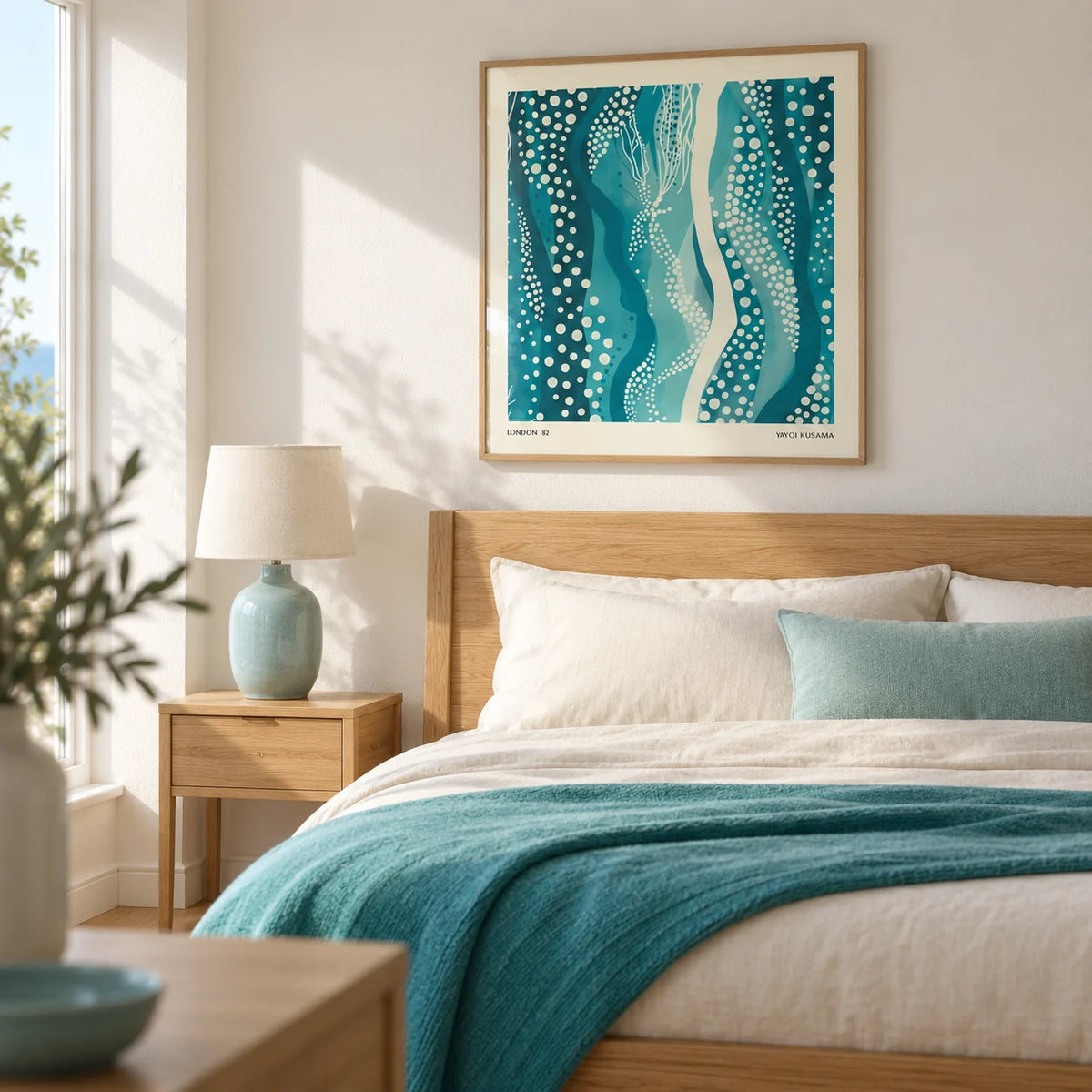 Kusama Paintings, framed on the wall of a modern coastal bedroom in a UK home with a chalk white wall and pale timber floor