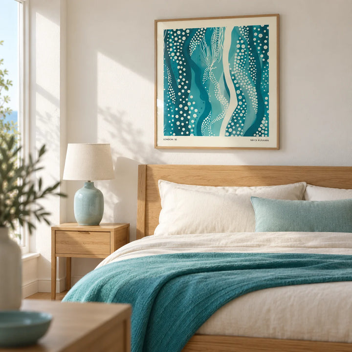 Kusama Paintings, framed on the wall of a modern coastal bedroom in a UK home with a chalk white wall and pale timber floor