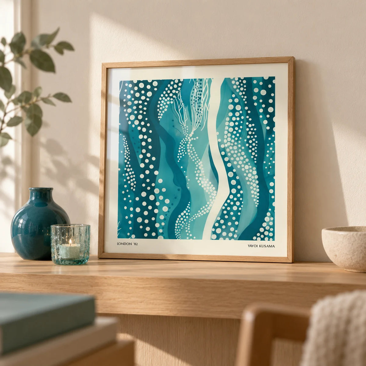 Kusama Paintings, a small A4 framed print leaning on a pale oak shelf in a living room