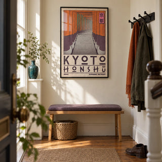 Kyoto Honshu Wall Art, framed on the wall of a characterful narrow entrance hallway in a Victorian terrace with cream walls and warm timber floorboards