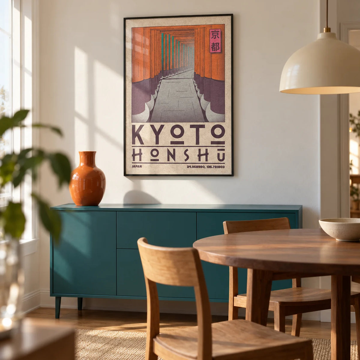 Kyoto Honshu Wall Art, framed on the wall of a compact dining room in a design-conscious city flat with warm white walls and a solid teal painted sideboard