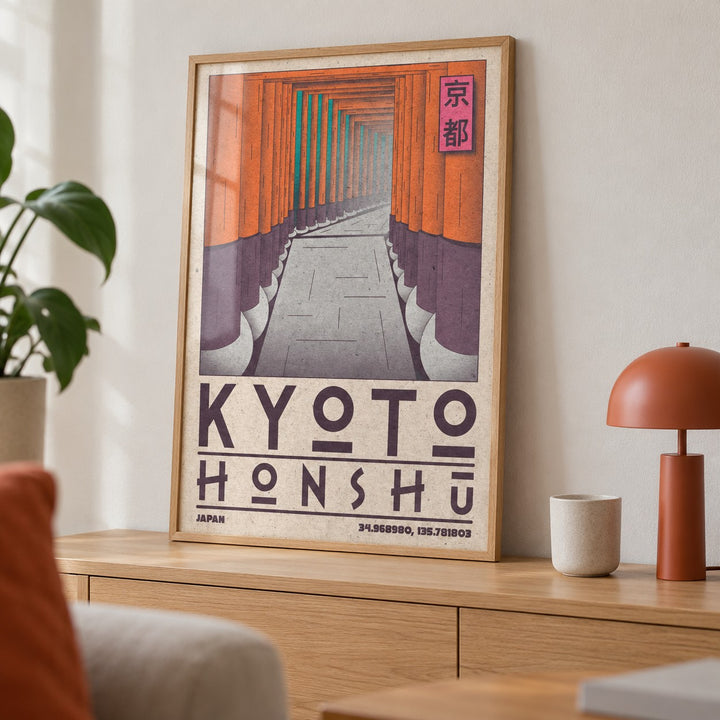 Kyoto Honshu Wall Art shown in a living room, leaning on an oak console (frame not included)