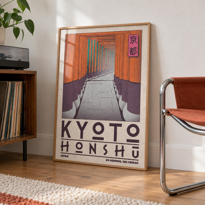 Kyoto Honshu Wall Art shown in a living room, leaning on the floor by a chrome chair (frame not included)