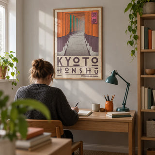 Kyoto Honshu Wall Art, framed on the wall of a quiet home study in a UK flat with pale grey walls and simple oak shelving