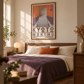Kyoto Honshu Wall Art, framed on the wall of a restful adult bedroom in a renovated UK terrace with warm cream walls