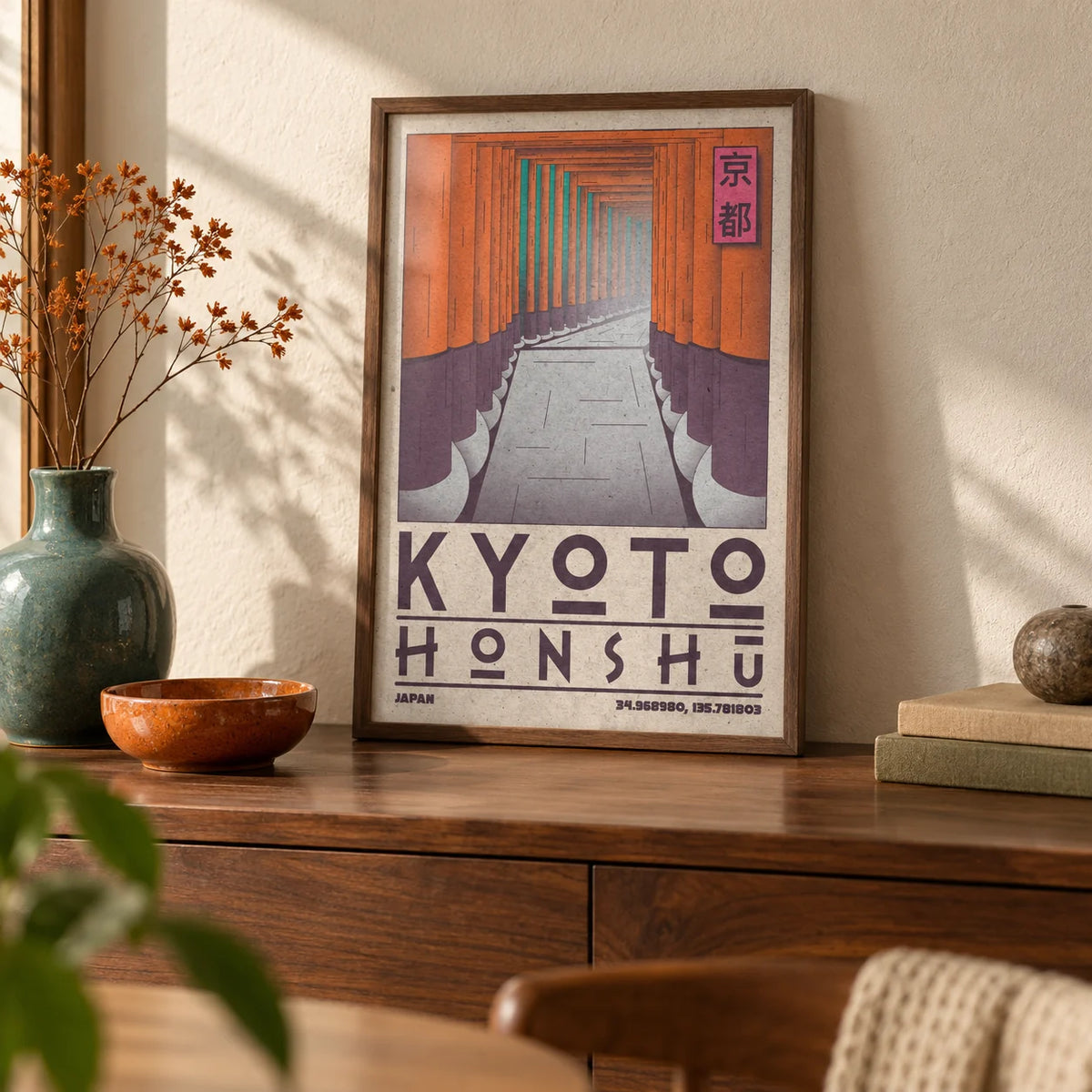 Kyoto Honshu Wall Art, a small A4 framed print leaning on a walnut sideboard in a living room